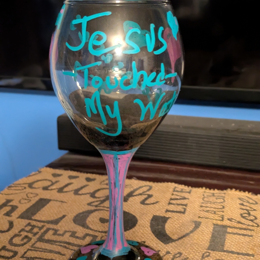 Decorative Wine Glass with Blue and Pink Design